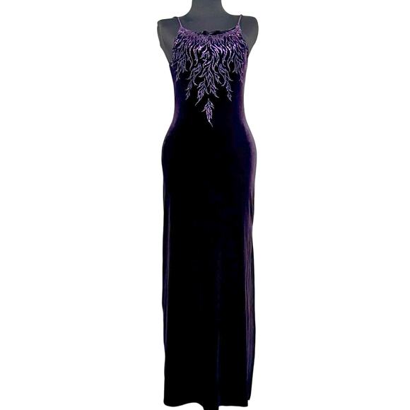 90's Purple Velvet Stretch Gown Size Small Embellished NYE Prom Fairycore‎ Maxi - Picture 2 of 11